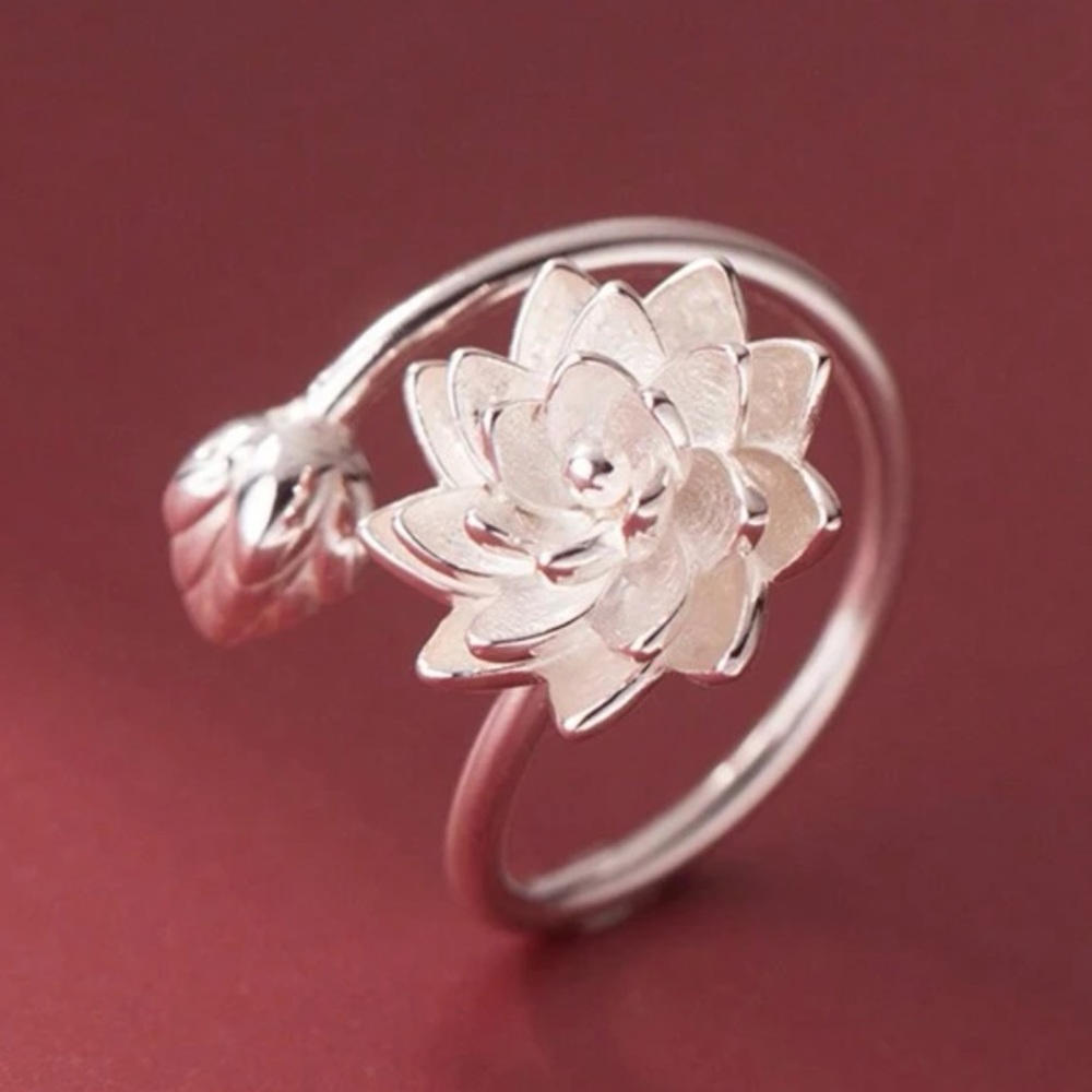 Elegant Lotus Flower Adjustable Wrap Cutout Ring- Stainless Steel
